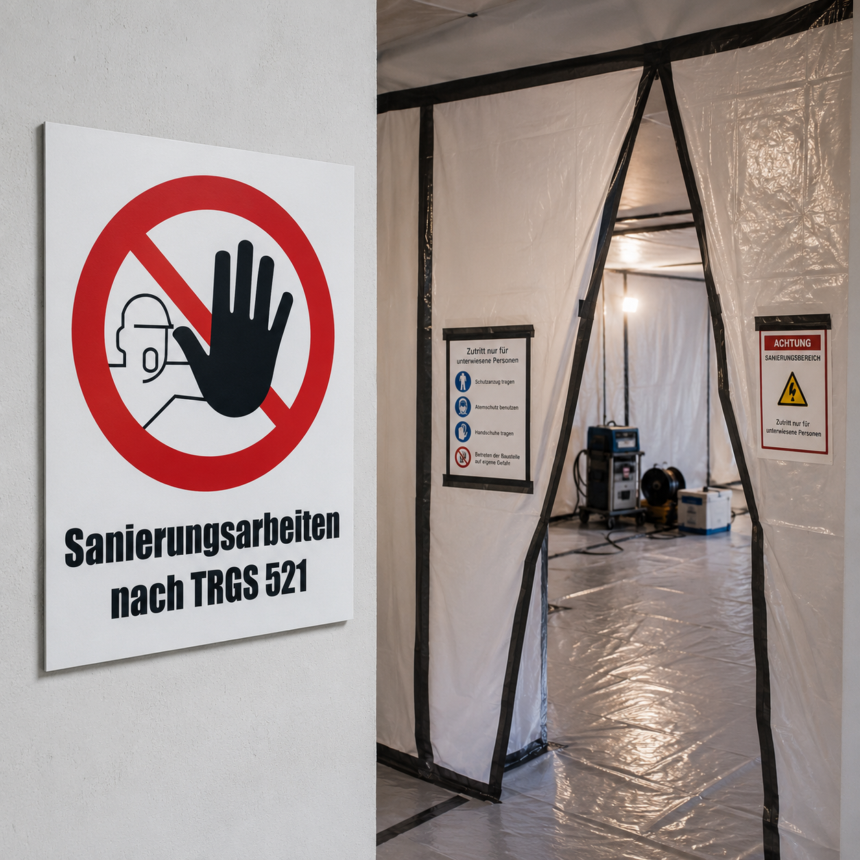 Warnschild "Sanierungsarbeiten nach TRGS 521" 50x42 cm, Baustellenschild Kunststoff
